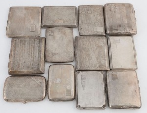 Twelve assorted Art Deco sterling silver cigarette cases, one lined with tortoiseshell, early 20th century, the largest 9.5cm wide, 846 grams total