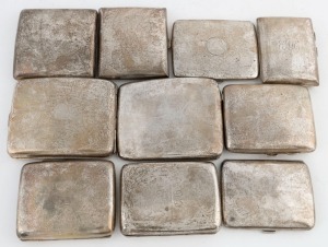 Ten assorted sterling silver cigarette cases, early 20th century, the largest 10cm wide, 902 grams total