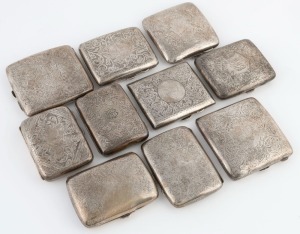 Ten assorted sterling silver cigarette cases with engraved foliate decoration early 20th century, ​​​​​​​the largest 9cm wide, 858 grams total