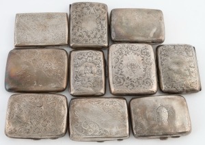 Ten assorted sterling silver cigarette cases, early 20th century, the largest 9cm wide, 640 grams total