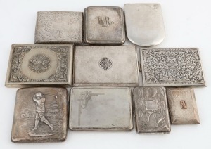 Ten assorted silver cigarette cases including Chinese export ware, repousse golfing example, rose gold monogram, and Yogya silver, 19th/20th century, the largest 11cm wide, 972 grams total