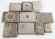 Ten assorted silver cigarette cases including Chinese export ware, repousse golfing example, rose gold monogram, and Yogya silver, 19th/20th century, the largest 11cm wide, 972 grams total