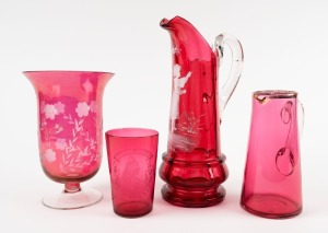 Four assorted pieces of vintage and antique ruby glass, including Mary Gregory and Queen Victoria Diamond Jubilee, 19th/20th century, the largest 27cm high