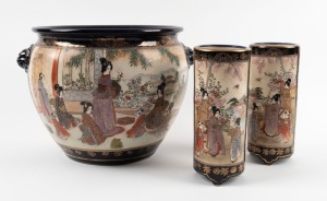 SATSUMA Japanese earthenware jardiniere on blue ground, together with a pair of Satsuma cylindrical vases, Meiji period, early 20th century, (3 items), the largest 24cm high