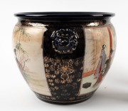 SATSUMA Japanese earthenware jardiniere on blue ground, together with a pair of Satsuma cylindrical vases, Meiji period, early 20th century, (3 items), the largest 24cm high - 2