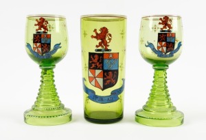 Three antique German glasses with enamel armorial crests, 19th century, the largest 15.5cm high