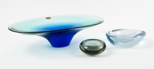 HOLMEGAARD Danish glass bowl, RICARO Bohemian blue glass console bowl, STROMBERGSHTTAN Finnish blue glass ashtray, (3 items), the largest 34cm wide.