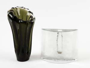 A pair of art glass vases, one moulded clear glass rose vase, the other a Scandinavian olive green vase, the larger 18m high.