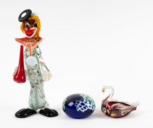 Murano glass clown, ruby swan bowl, and paperweight, (3 items), ​​​​​​​the clown 27cm high