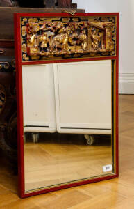 A red and gilt decorated carved wood rectangular wall mirror, early 20th century, 65 x 42cm