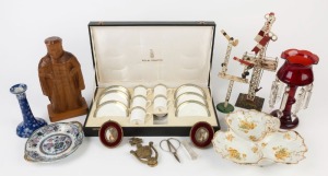 Ruby glass lustre, boxed Royal Doulton coffee ware (missing one cup), Ironstone dish, Limoges porcelain savory dish, Hornby railway signal towers, Sheeley blue and white porcelian candlestick, pair of vintage oval miniature portraits, carved wooden statue