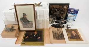 A diverse range, including recordings of Winston Churchill's speeches (1918-1945), scale models of British fighter planes, commemorative mugs, and an etching of Napoleon at Eylau and a framed Vanity Fair print; mixed condition.