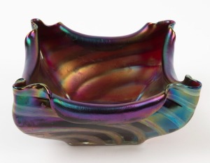 LOETZ stunning Art Nouveau iridescent glass bowl of square form, circa 1900, 10cm high, 18.5cm wide