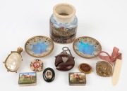 An antique Chinese gold and carved nut brooch, Pratt ware pot, burra nut vasta A/F, two equestrian pill boxes, shell scent bottle, two brooches, two butterfly wing dishes, and a letter opener ornament, 19th and 20th century, (11 items), the Pratt ware pot