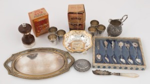 Chinese silver spoons in box, Indian silver jug, sterling silver mounted pepper mill by HARDY BROS., Indian silver finished pill box, silver plated drink set, Japanese metal bowl, sterling silver knife with pearl handle, and two vintage packets of Cocoa, (15 items), the pepper mill 10cm high