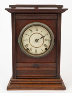 SETH THOMAS walnut cased mantel clock with full front door for pendulum access and eight day time and gong striking movement, Roman numerals, with original label "Seth Thomas Clock Co., Thomastown, Conn. USA" 40cm high