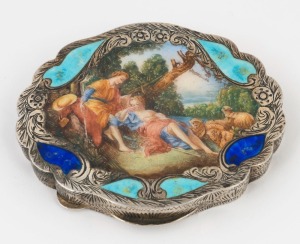 An Italian silver and enamel powder compact, 20th century, ​​​​​​​9.5cm wide