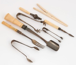 Antique silver and bone baby whistle, antique stilton scoop, pickle fork, glove stretcher, manicure tool, and three silver plated sugar nips, 19th and 20th century, the scoop 24cm long