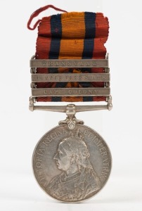 The QUEEN'S SOUTH AFRICA MEDAL with clasps for CAPE COLONY, ORANGE FREE STATE, and TRANSVAAL; named to 4358 L. CORPL. G. MURRAY. 14th HUSSARS.The 14th (King's) Hussars took part in all the battles leading up to the Relief of Ladysmith (Sept.1900). They we