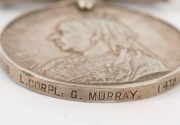 The QUEEN'S SOUTH AFRICA MEDAL with clasps for CAPE COLONY, ORANGE FREE STATE, and TRANSVAAL; named to 4358 L. CORPL. G. MURRAY. 14th HUSSARS.The 14th (King's) Hussars took part in all the battles leading up to the Relief of Ladysmith (Sept.1900). They we - 4