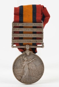 The QUEEN'S SOUTH AFRICA MEDAL with clasps for CAPE COLONY, ORANGE FREE STATE, SOUTH AFRICA 1901 and 1902; named to 4463 PTE. C. HARRIS. RL: W. KENT REGT.