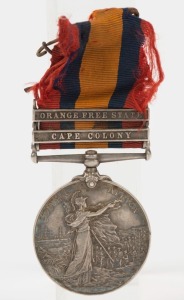 MEDICAL CORPS: The QUEEN'S SOUTH AFRICA MEDAL with clasps for CAPE COLONY and ORANGE FREE STATE; named to 13262 PTE. R. WATSON. R.A.M.C.