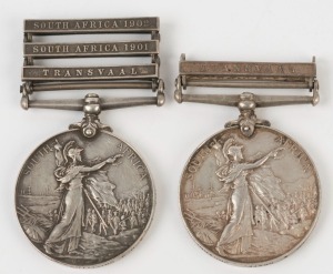 The QUEEN'S SOUTH AFRICA MEDAL: two examples; one with clasps for TRANSVAAL, SOUTH AFRICA 1901 and 1902; named to 1117 TPR: A.H.J. GRIFFITHS. JOHANNESBURG M.R.; the other with clasp for TRANSVAAL, named to 2428 PTE A. GRAFF. JOHANNESBURG M.R. (2 medals).