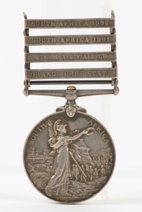 The QUEEN'S SOUTH AFRICA MEDAL with clasps for ORANGE FREE STATE, TRANSVAAL, SOUTH AFRICA 1901, and 1902; named to 3893 PTE A.T. DICKIE, 20th HUSSARS.