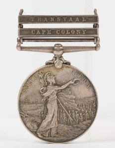 The QUEEN'S SOUTH AFRICA MEDAL with clasps for CAPE COLONY and TRANSVAAL; named to 7424 Cr. Serg't. D. FISHER. Scots Gds. Colour Sergeant D.A. Fisher was mentioned by Field Marshal Roberts in a September 1901 despatch.