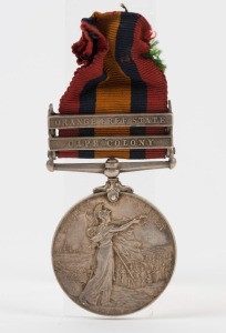 The QUEEN'S SOUTH AFRICA MEDAL with clasps for CAPE COLONY and ORANGE FREE STATE; named to 12967 SGT J.W. CURRAN, 39TH BTY., R.F.A. Sergeant Curran was severely wounded at Tafel Kop on the 20th December 1901.