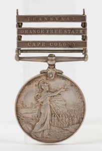 The QUEEN'S SOUTH AFRICA MEDAL with clasps for CAPE COLONY, ORANGE FREE STATE and TRANSVAAL; named to 31629 TPR: T.C. HENNELLY. SCOTTISH HORSE. Thomas Cyprian HENNELLY served in South Africa from February to October 1901.