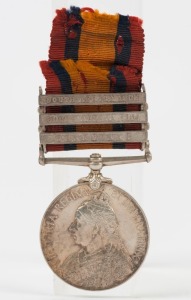 The QUEEN'S SOUTH AFRICA MEDAL with clasps for TRANSVAAL, SOUTH AFRICA 1902, and 1902; named to 1163 TPR: W.J. HENDERSON. JOHANNESBURG M.R. Henderson was actually part of the Border Horse, raised in the Eastern portion of Cape Colony in February 1900, th