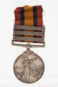 The QUEEN'S SOUTH AFRICA MEDAL with clasps for CAPE COLONY, ORANGE FREE STATE, and TRANSVAAL; named to 5448 PTE. F. HARRIS, 2ND RL: BERKS: REGT. 