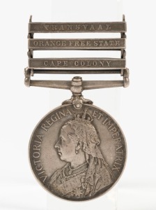 The QUEEN'S SOUTH AFRICA MEDAL with clasps for CAPE COLONY, ORANGE FREE STATE and TRANSVAAL; named to 5839 PTE. E.H. SYMONS, RL. WT. SURREY REGT. 