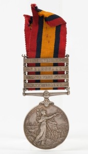 The QUEEN'S SOUTH AFRICA MEDAL with clasps for CAPE COLONY, ORANGE FREE STATE, TRANSVAAL, and SOUTH AFRICA 1902; named to 4880 PTE. P. DELANEY. 1ST CONNAUGHT RANG: