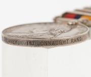 The QUEEN'S SOUTH AFRICA MEDAL with clasps for CAPE COLONY, ORANGE FREE STATE, TRANSVAAL, and SOUTH AFRICA 1902; named to 4880 PTE. P. DELANEY. 1ST CONNAUGHT RANG: - 4