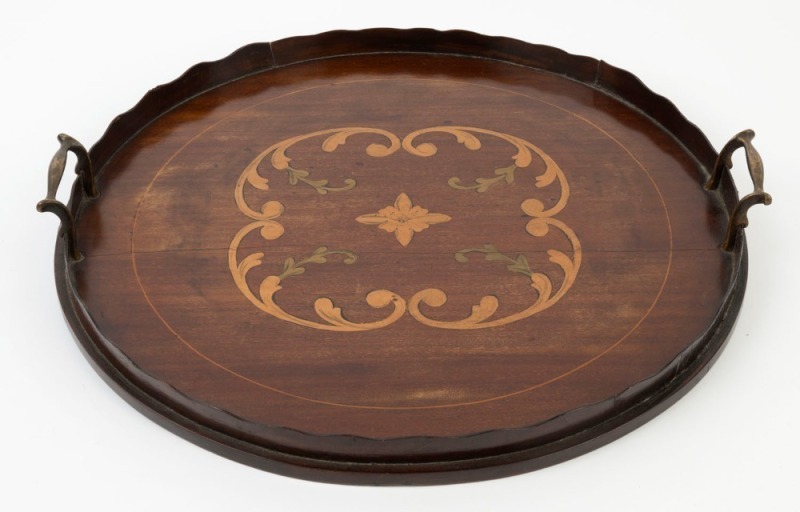 An antique circular serving tray with marquetry top, 19th/20th century, 47cm across the handles