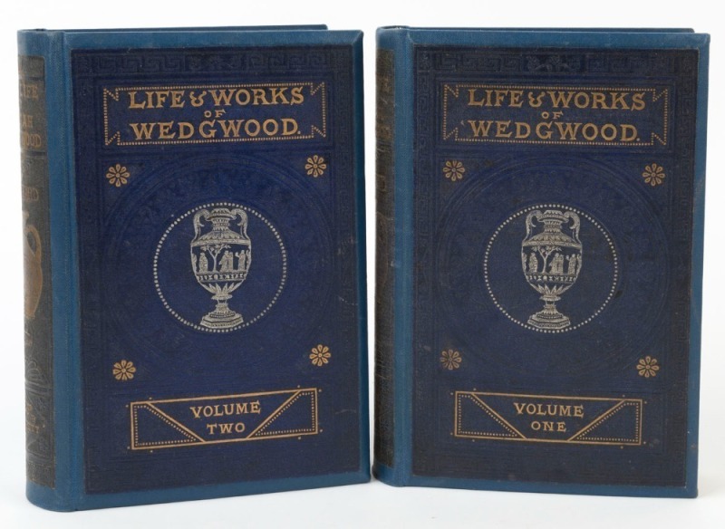 "Life And Works Of Wedgwood" by Eliza Meteyard [Lon. 1865], two vol. original blue cloth boards with embossed silver and gilt pictorial covers, spines faded otherwise good copies