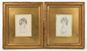 ARTIST UNKNOWN (British), pair of female portraits, pencil on paper, both signed and dated "G.H.H. Oct. 1811", ​​​​​​​13 x 9cm, 27 x 23.5cm each overall