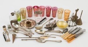 Assorted silver plated cutlery, sterling silver topped vanity jar and assorted antique glass ware, 19th/20th century, (qty)