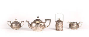 A Chinese three piece silver tea set, early 20th century, signed ZEE SUNG and a sugar pot