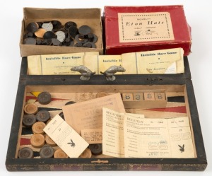 Antique games board, gaming pieces, novelty ephemeral toys and novelty dog figures, 19th and 20th century, (qty)