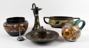 GOUDA Dutch pottery inkwell, candlestick, jardiniere, jug, flower trough, and miniature vase, early to mid 20th century, ​​​​​​​the candlestick 25.5cm high