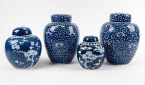 Four assorted lidded blue and white porcelain ginger jars, 20th century,