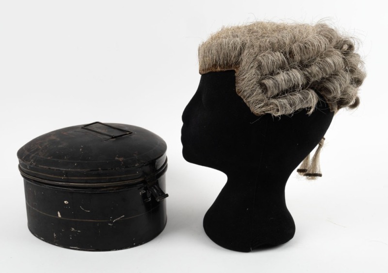 LAWYER'S WIG in original Japanned metal carrying case, 19th/20th century,