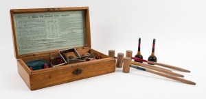 TABLE CROQUET vintage set in timber case, British made with lithograph instructions inside lid, early 20th century, ​​​​​​​the box 31cm wide.