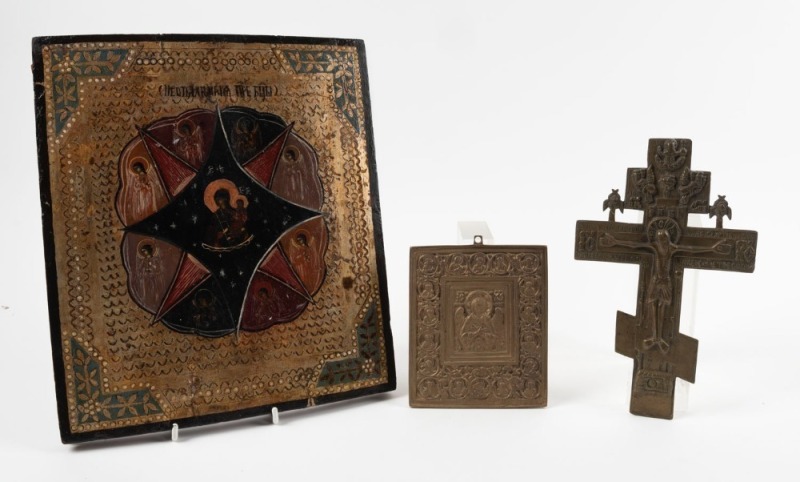 A Russian icon, together with a cast bronze Old Believer's cross, and a cast bronze icon, 20th century, (3 items), ​​​​​​​the largest 31 x 26.6cm