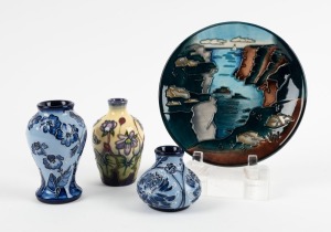 MOORCROFT English pottery plate (boxed), and three miniature vases, (4 items), ​​​​​​​the plate 15.5cm diameter