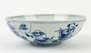 A Chinese blue and white porcelain bowl decorated with figures, 19th/20th century, seal mark to base, 7.5cm high, 22cm diameter