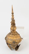 MAKUTA gilded headdress on timber stand, Southeast Asian origin, ​​​​​​​46cm high, 93cm high overall - 2